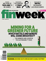 Cover of the Finweek magazine with green and gray cover with a balance beam
