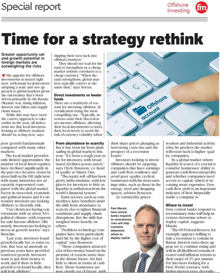 Financial Mail article clipping on investment strategies regarding offshore investing